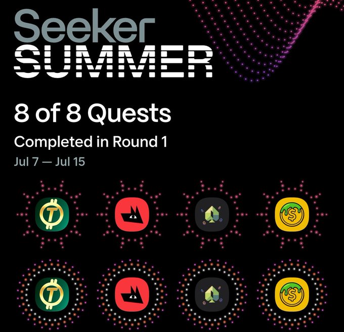 A 'Seeker Summer' quest completion screen showing '8 of 8 Quests Completed in Round 1' from Jul 7 – Jul 15, displaying badges for Tether, Casper, a crypto token, and USDC.