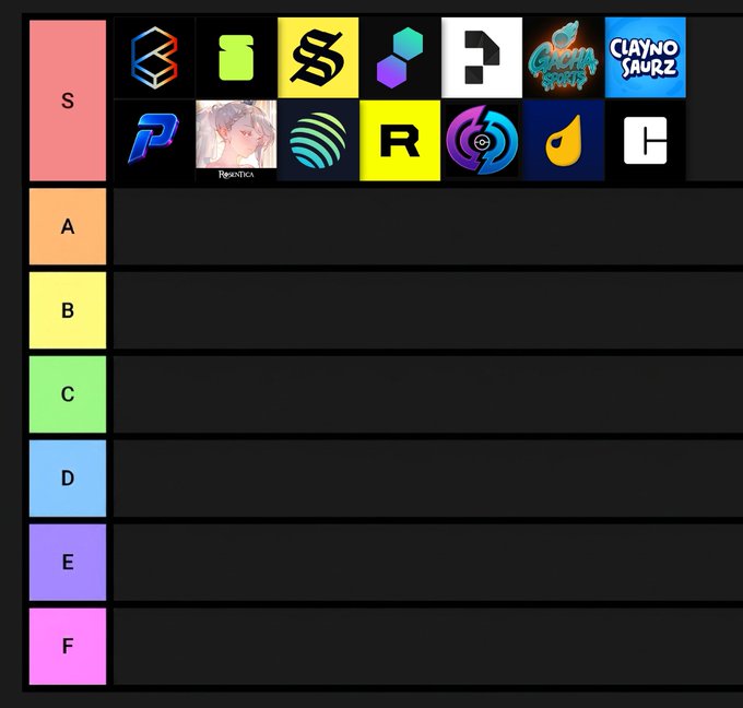 A tier list ranking Solana collectibles projects, with 13 logos placed in the top "S" tier (including Phantom, Bonfida, Claynosaurz, and others), while tiers A through F remain empty as the community is invited to suggest missing projects for the "Solana Collectibles Supercycle."