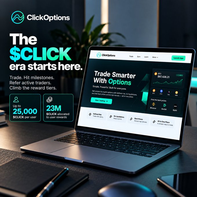 An advertisement for 'ClickOptions' showing a laptop on a desk with the headline 'The $CLICK era starts here' and details about trading, milestones, and user rewards.