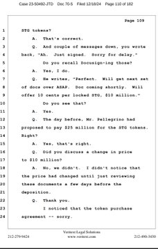 A scanned page from a legal transcript, specifically the 'Vertex Legal Solutions' document for Case 25-50492-JTD, showing dialogue about a $25 million token purchase agreement between Mr. Pellegrino and an STO company.