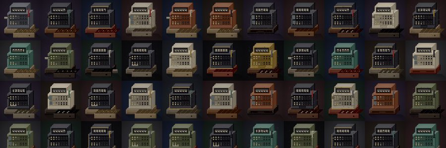 A pixel art sprite sheet showing multiple variations of a cash register or control panel terminal in different colors and styles.