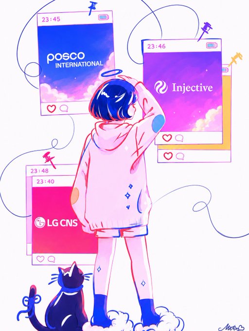 An anime-style illustration of a girl in a pink hoodie looking at floating social media posts displaying brand names 'POSCO INTERNATIONAL,' 'Injective,' and 'LG CNS,' with a black cat sitting beside her.