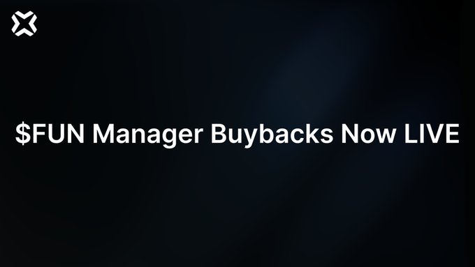 The image displays a dark promotional graphic with the text "$FUN Manager Buybacks Now LIVE," accompanied by a small logo in the top left corner. This directly corresponds to the post announcing that Manager Buybacks are now available on SDF, allowing eligible managers to exchange earned FUN tokens for Gold at a preferential rate.