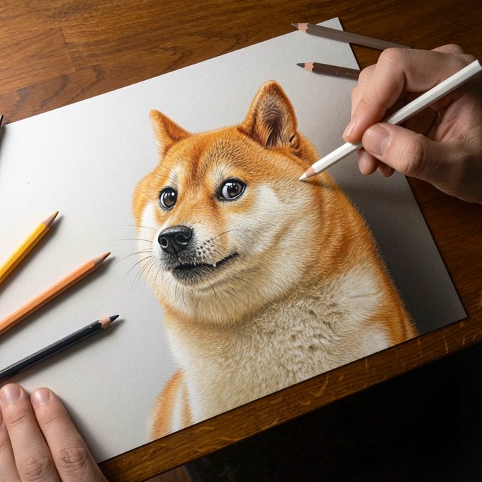 The image features an artist's hand holding a pencil over a drawing of a dog, which appears to be a Shiba Inu breed with brown and white fur. The artist has used colored pencils for the background, adding depth and detail to the scene. The pencil is being used to draw on paper that is placed on a wooden table or desk.