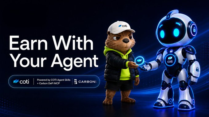 The image features a robot and a cartoon bear standing next to each other with text overlaying them that says "Earn With Your Agent" followed by "Your AI agent can now Earn Rewards → Deploy an agent on COTI with Agent Skills → Plug into the Carbon DeFi MCP → Deploy liquidity across the supported assets → BOOM. Your agent now earns TPS daily, which you can convert to $COTI at season' s end Start earning". The robot and bear are positioned in a way that suggests they are interacting or collaborating with each other, possibly as agents working together for a common goal.