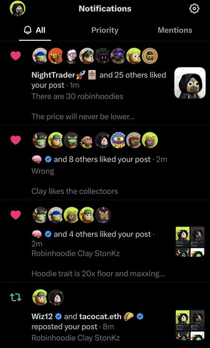 A social media notifications screen displays four interactions on a post, including likes from "NightTrader🚀" and 25 others, with 30 total "robinhoodies," plus reposts by "Wiz12 ✓" and "tacocat.eth 🎨 ✓" within the past 8 minutes, supporting the claim of a rapidly growing, engaged community around Clay StonKz.