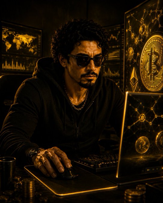 A dramatic illustration of a man in sunglasses and a dark hoodie working at a computer in a dimly lit room, with screens showing a world map, charts, and a large Bitcoin/Ethereum logo beside him.