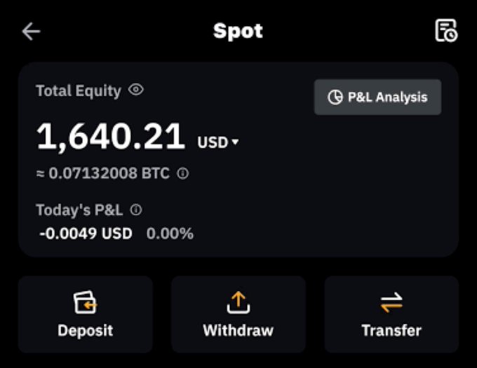 A cryptocurrency exchange's "Spot" wallet interface displays a Total Equity of 1,640.21 USD (≈0.07132008 BTC) with a negligible daily P&L of -0.0049 USD, featuring Deposit, Withdraw, and Transfer options. While the post promotes resources for finding Web3 contests and bounties to monetize skills, the image shows an idle trading account—suggesting that participating in such opportunities could potentially grow a small crypto portfolio like this one.