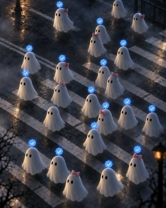 A whimsical nighttime scene showing multiple cute ghost figures crossing a wet crosswalk, each marked with a glowing blue verification checkmark above them.