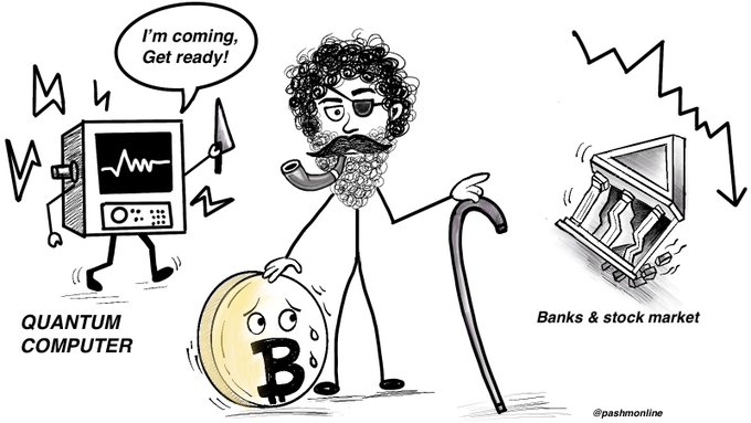 A cartoon depicting a quantum computer with a knife declaring "I'm coming, Get ready!" threatening a sweating Bitcoin coin held by a curly-haired, bearded man with a cane, while a crumbling bank labeled "Banks & stock market" falls in the background. The image is credited to @pashmonline and represents the disruptive potential of quantum computing on cryptocurrency and traditional finance.