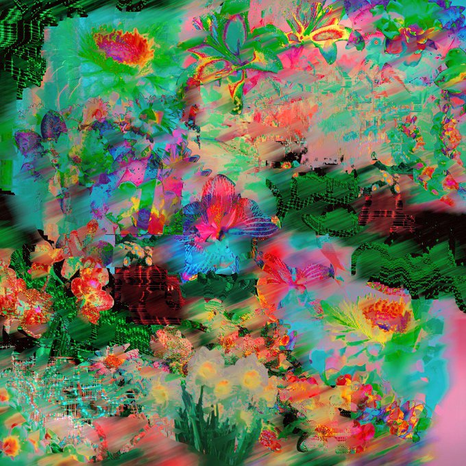 An abstract, brightly colored digital artwork with floral and organic shapes in neon greens, pinks, blues, and yellows, with glitch-like distortion effects.
