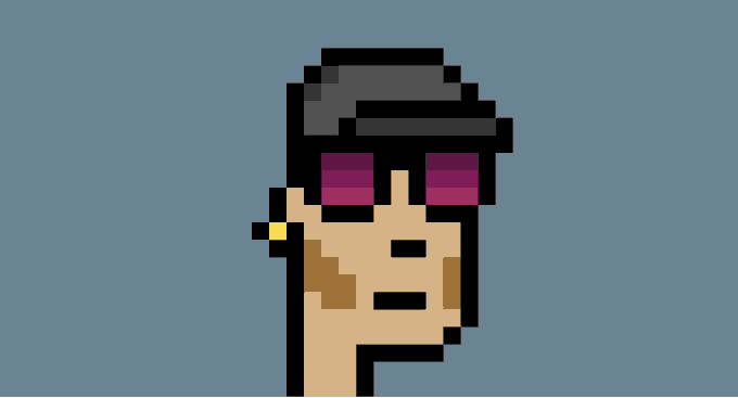 A pixel art profile of a character with tan skin, wearing a black hat and large red/purple pixelated glasses, set against a gray-blue background.