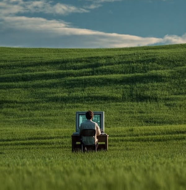 A man sits alone at a desk with an old CRT computer in the middle of a vast green grassy field under a partly cloudy sky.