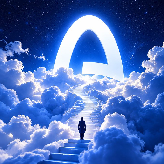 A silhouette of a person stands on a glowing staircase ascending through clouds toward a large illuminated "A" symbol in a starry night sky.