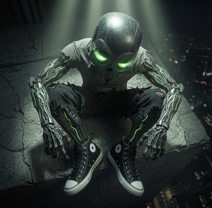 A skeletal robot with glowing green eyes and cybernetic limbs crouches on a rooftop above a dark city skyline, wearing classic black Converse Chuck Taylor sneakers, capturing the gritty, rebellious "hoodlum" energy referenced in the caption.