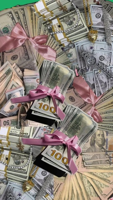 A collage image showing stacks of $100 bills tied with pink ribbons, surrounded by various pieces of diamond and gold jewelry.