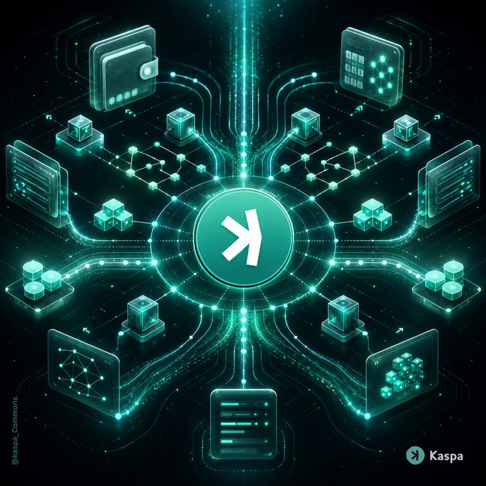 The image shows a glowing teal-colored digital network visualization centered on the Kaspa logo (a stylized "K"), with interconnected nodes, data structures, and holographic interface panels radiating outward against a dark background, symbolizing a decentralized blockchain network. The Kaspa branding in the bottom right corner ties the visual to the accompanying text about Kaspa's new capability to support programmable digital assets like tokens and stablecoins with built-in rules enforced by the network.