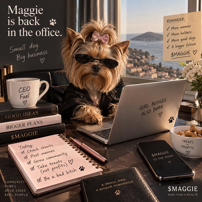 A promotional image featuring a Yorkshire terrier dog in an office setting, with text 'Maggie is back in the office' and 'Small dog. Big business,' showing the dog at a desk with a laptop and a '$MAGGIE' phone case.