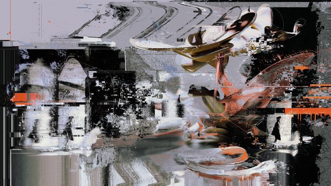 An abstract digital artwork combining swirling metallic forms, fragmented urban scenes, and splashes of orange and blue.