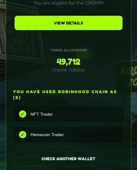 A screenshot shows eligibility for a "CHOMP" token airdrop with a 49,712 token allocation, displaying two completed activity tags: "NFT Trader" and "Memecoin Trader," highlighting the relevance of past NFT and memecoin activity for current airdrop eligibility—a sharp contrast to the high gas fees mentioned in the post about the 2020-21 bull run.