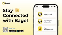 A promotional graphic titled 'Stay Connected with Bagel' advertises the Bagel BTCEE app, featuring QR codes and a smartphone interface.