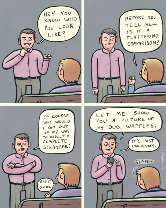 A four-panel comic strip where a stranger in a pink shirt asks another man who he looks like, awkwardly offers to show a photo of his dog 'Waffles' as the comparison, prompting a resigned 'Sighhh' from the other man.