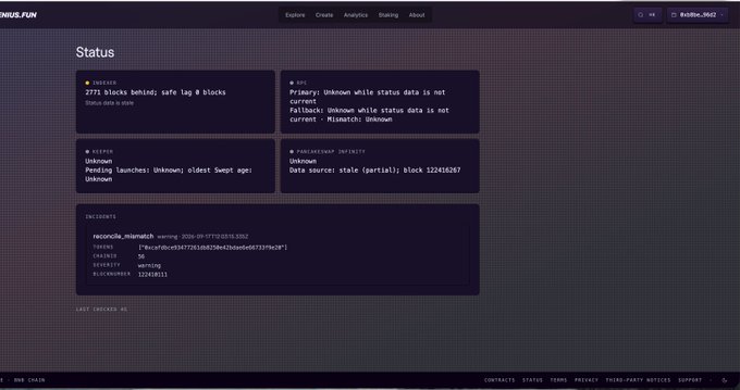 The image shows the status dashboard for the "BNB CHAIN" explorer page, displaying that 2771 blocks are behind safe lag and that data for primary, fallback, and missmatch metrics is "Unknown." This relates to the post by confirming that the explorer currently cannot pull full chain data—reflecting the ongoing issues with the BNB Chain around block 12249267, where the $BNC token contract (0xcafdbce93477261db8250e42bdae6e66733f9e20) was deployed as the first BNB Chain pool.