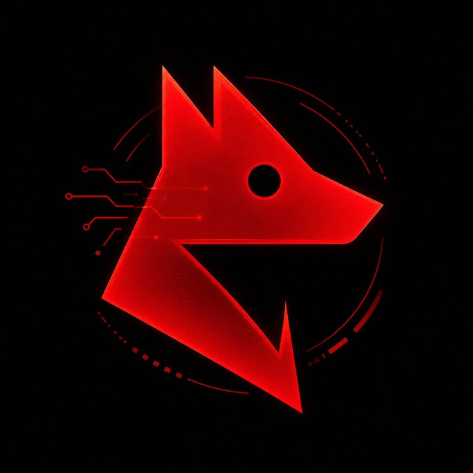 A glowing red geometric wolf or fox head logo with circuit-like details on a black background.