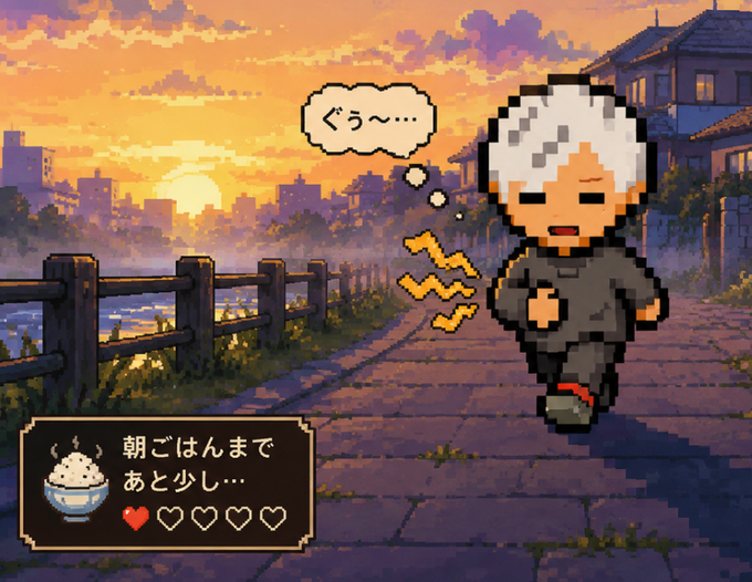 Pixel art illustration of an elderly person walking at sunset with a thought bubble saying 'ぐぅ〜…' (Guu~…) and a status box reading '朝ごはんまであと少し…' (Just a little until breakfast) with heart indicators.