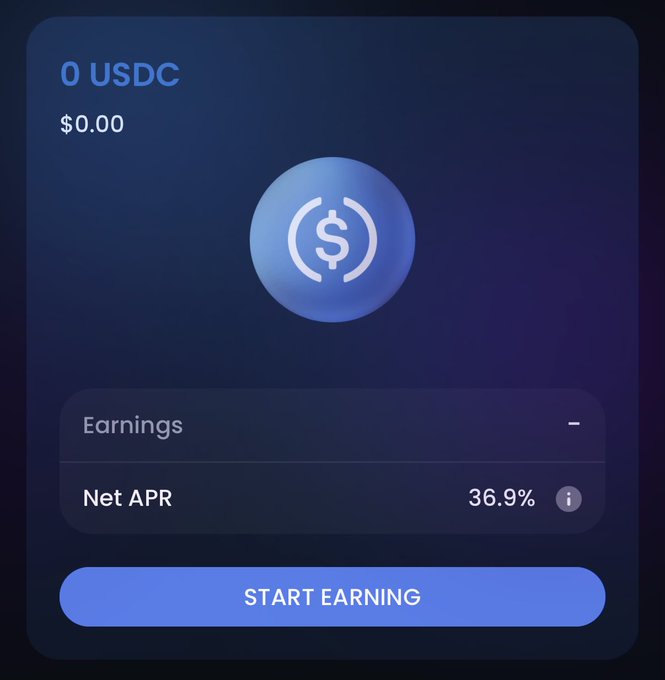 The image features a cell phone screen displaying an app icon, which indicates that the user has already earned their USDC. The app is focused on earning money from lending, as evidenced by the currency symbol within the logo. The time shown is 0:00 am and there's also information about Net APR being 37% of the starting balance.