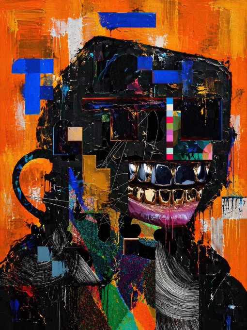 The image features a large, colorful abstract painting with various shapes and colors. The painting includes elements such as squares, rectangles, circles, and lines that create an interesting visual effect. In the corner of the painting, there are two blue squares, one larger than the other, which stand out against the vibrant background. The painting is titled "My R3ORDR" in white letters at the top left corner, and it appears to be a part of a series or collection.