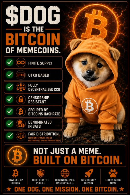 A promotional graphic for '$DOG' cryptocurrency titled 'IS THE BITCOIN OF MEMECOINS', featuring a Shiba Inu dog in an orange Bitcoin-themed hoodie, with checkmarks listing features like 'FINITE SUPPLY' and 'SECURED BY BITCOINS HASHRATE'.