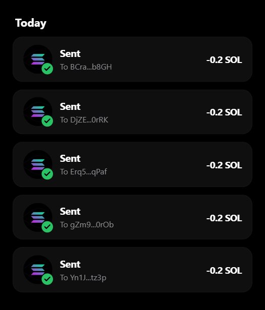 The image displays a "Today" transaction history showing five successful "Sent" transactions, each for -0.2 SOL to different wallet addresses (BCra...b8GH, DJZE...0rRK, Erq5...qPaf, gZm9...0rOb, Yn1J...tz3p), with green checkmarks confirming completion. This visually demonstrates the claim event from the post, where 0.2 SOL is being distributed to qualifying wallets as part of a giveaway requiring followers and retweets of a pinned post.