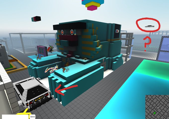 A Minecraft-style building featuring a large teal monster face with red eyes, with red circles and arrows drawn on the image highlighting specific elements.