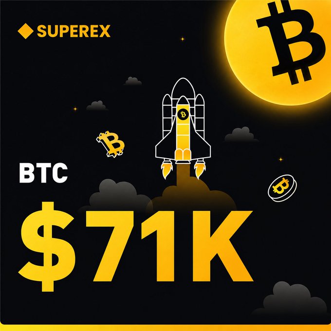 A bold graphic from SuperEx celebrates Bitcoin's milestone, featuring a rocket emblazoned with the BTC logo blasting off alongside a large Bitcoin sun, with prominent text declaring "BTC $71K" to illustrate the cryptocurrency's upward momentum.