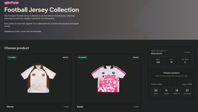 Website interface for 'Football Jersey Collection' from airyFairs featuring Home and Away jersey designs at $89.00 each, with a product availability showing 149 sold, 51 left, 2 you own, and a drop ends countdown of 32 days, 11 hours, 19 minutes, 27 seconds.