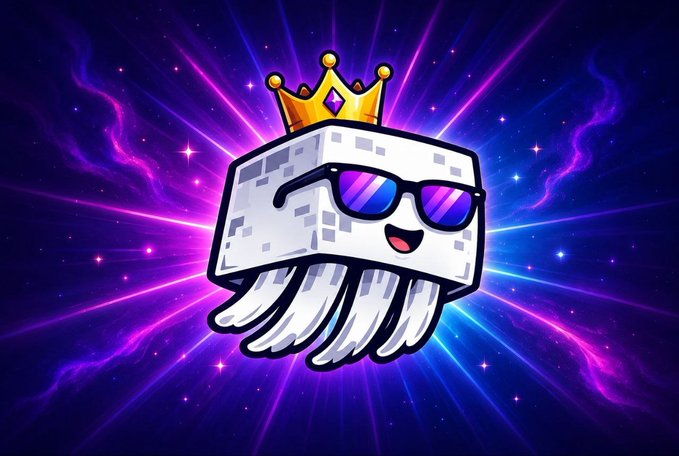 A cartoon illustration of a white pixelated Minecraft-style Ghast character wearing sunglasses and a gold crown with a purple gem, set against a purple and blue cosmic background.