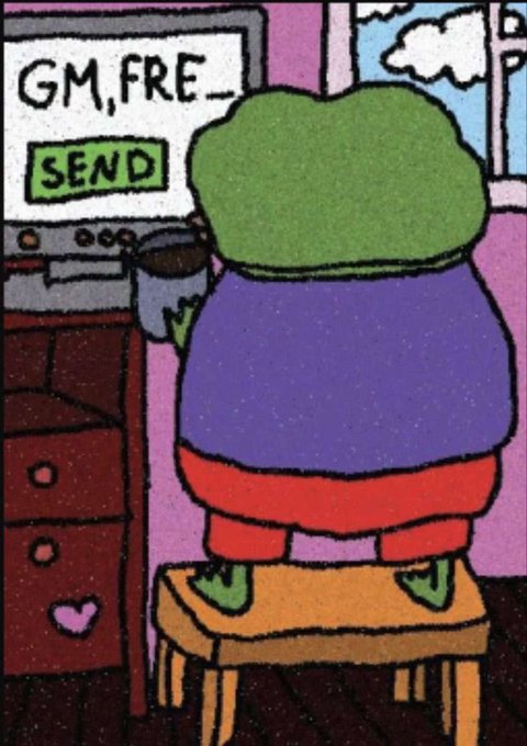 A colorful drawing of a green-headed character in a purple sweater sitting on a stool at a computer desk, with the screen showing a message draft 'GM,FRE_' next to a green SEND button.