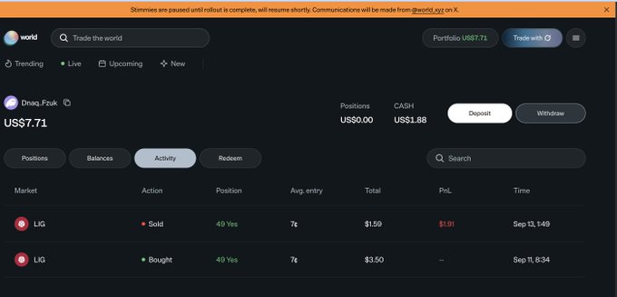 The image shows a screenshot of the World (formerly Worldcoin) trading platform interface displaying a user's portfolio with a balance of US$7.71 in a portfolio valued at US$7.71, showing activity history including a buy of "LIG" tokens on Sep 11 and a sell on Sep 13, which visually supports the user's claim of having actively traded on the platform while waiting for a promised reward that has not yet been received.