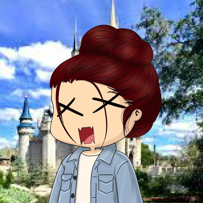A cartoon chibi-style character with dark red hair in a bun, X-shaped eyes, and an open mouth wearing a denim jacket, set against a background of a castle and blue sky.