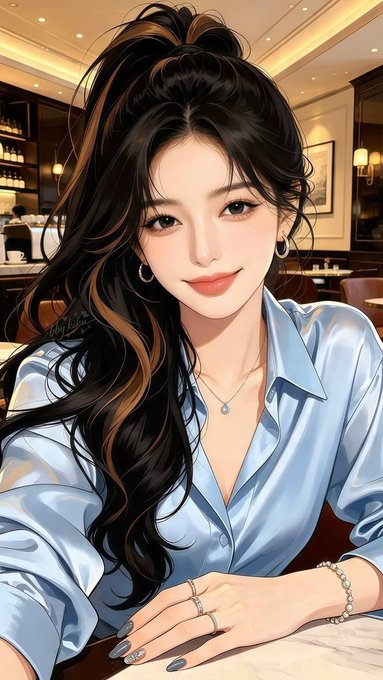 A digital anime-style illustration of a young woman with long dark wavy hair, wearing a silky light blue shirt, a delicate necklace, and rings, smiling softly in an upscale restaurant setting.