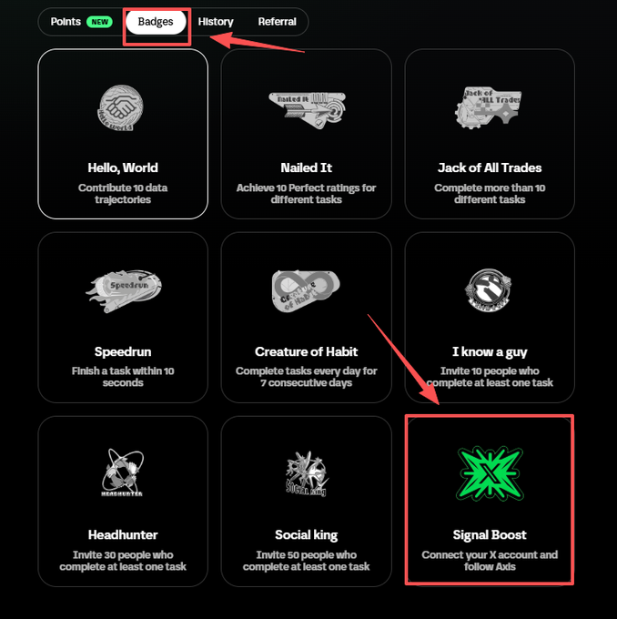 A screenshot of a 'Badges' page from a rewards interface. The 'Badges' tab is highlighted, and a red arrow points down to a green 'Signal Boost' badge in a red box, described as 'Connect your X account and follow Ads'.