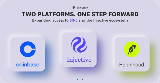 A promotional graphic titled "TWO PLATFORMS. ONE STEP FORWARD — Expanding access to $INJ and the Injective ecosystem," featuring the logos of Coinbase and Robinhood flanking the central Injective logo to highlight the project's dual U.S. market expansion through listings on both major platforms.