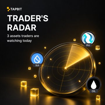 Promotional graphic titled 'TRADER'S RADAR' from Tapbit featuring three assets: SUI, INJ, and OIL, displayed around a golden radar.