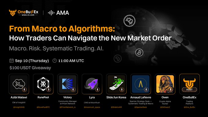 An AMA promotional banner for OneBullEx's X Space titled "From Macro to Algorithms: How Traders Can Navigate the New Market Order," scheduled for September 10 at 11:00 AM UTC, featuring speakers Azibi Malawi, RunePool, Victory, Lyra, Arnaud Laflevre, and Owen, with a $100 USDT giveaway.