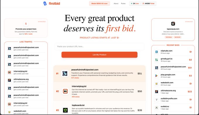 The firstbid.io website homepage displays the tagline 'Every great product deserves its first bid' with 'product listing starts at just $1', showing live traffic, recent bids for domains, and listings for peacefullmindfulpocket.com and internetplug.io.