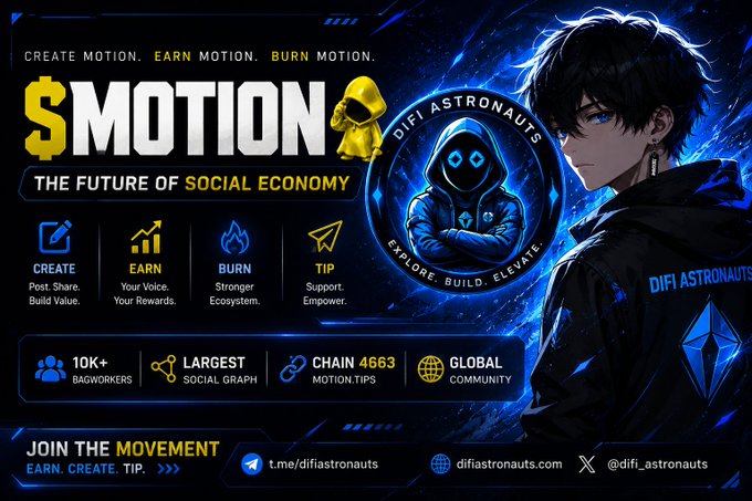 A promotional graphic for $MOTION token by "DIFI ASTRONAUTS" advertising "THE FUTURE OF SOCIAL ECONOMY" with features Create, Earn, Burn, and Tip.
