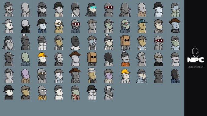A grid of 62 distinct pixel-art non-player character (NPC) portraits, each with unique hats, glasses, and facial features, displayed against a gray background with "NPC" and "@npconchain" branding on the right side, directly visualizing the first number from the post.
