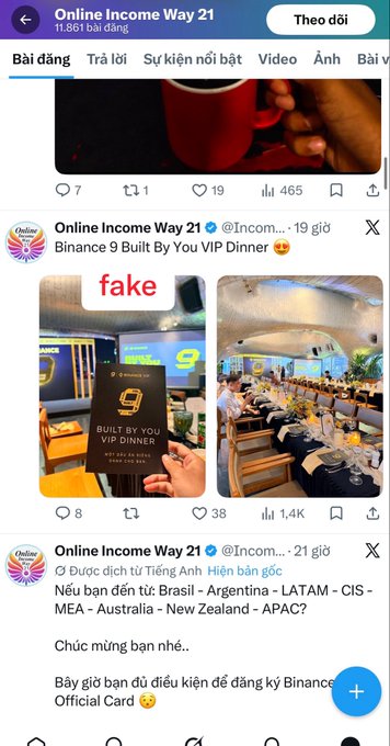 A Vietnamese-language X (Twitter) feed from the account 'Online Income Way 21' (@Incom...) discussing a Binance VIP dinner event, with one image labeled 'fake' and a post about registering for the Binance Official Card.