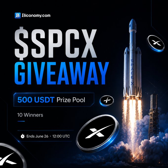 The image features a rocket launch with the text "SpaceX hit NASDAQ. Now it's your turn. 10 Winners share 500 USDT Biconomy.com x $SPCX GIVEAWAY Follow @BiconomyCom Like ... + UID June 26, 12pm (UTC) Register: forms.gle/VD8i72an348G8J". The rocket launch is the main visual element in the image and it appears to be a part of an advertisement for a space-related prize pool or contest.